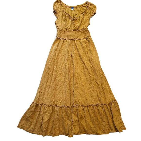 Old Navy Dress Women's Small Miners Gold Clip Dot Defined Waist Midi Peasant - Picture 2 of 6